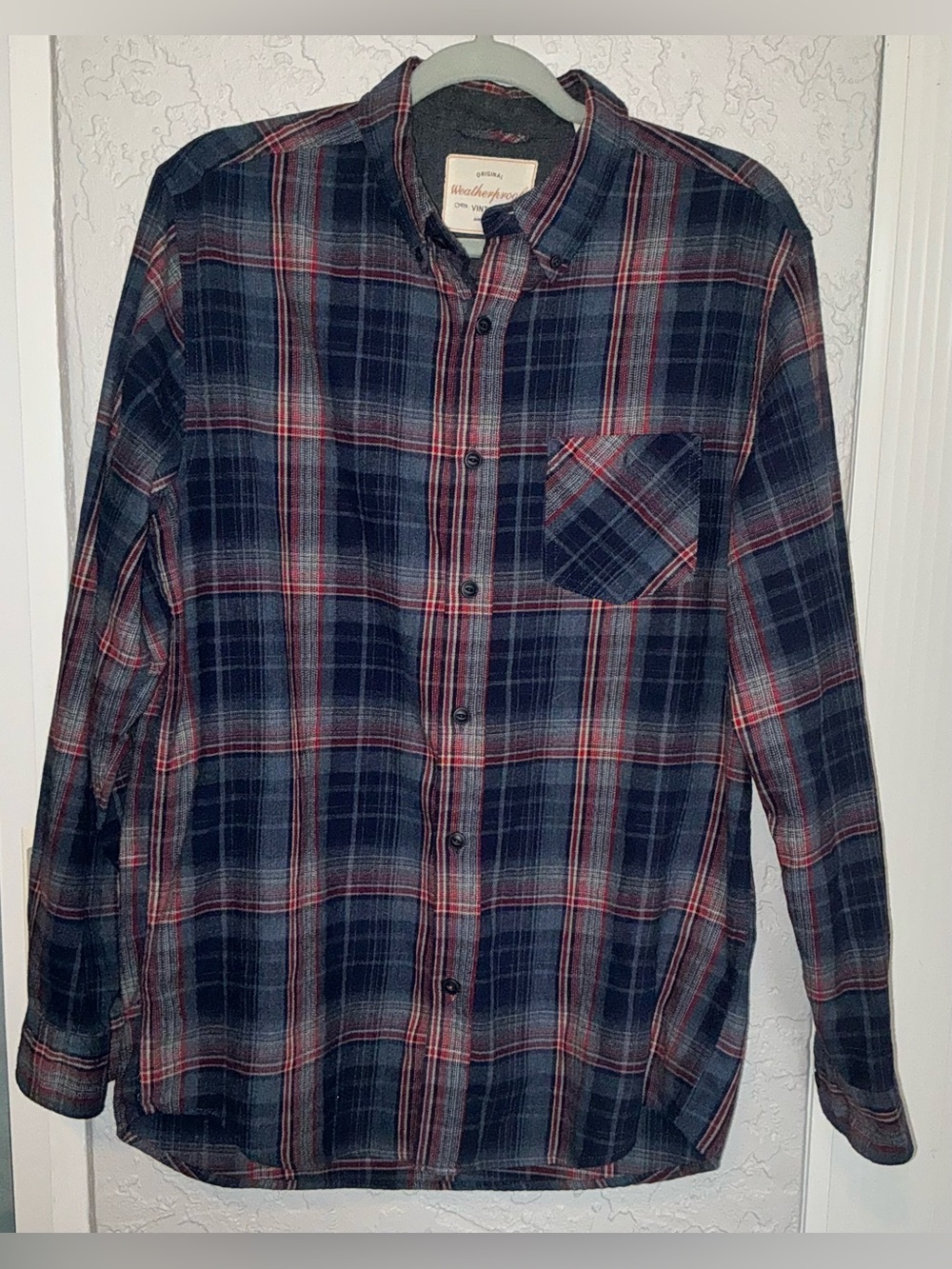 WeatherProof Flannel Blue and Red Plaid Long-Sleeve Button Shirt